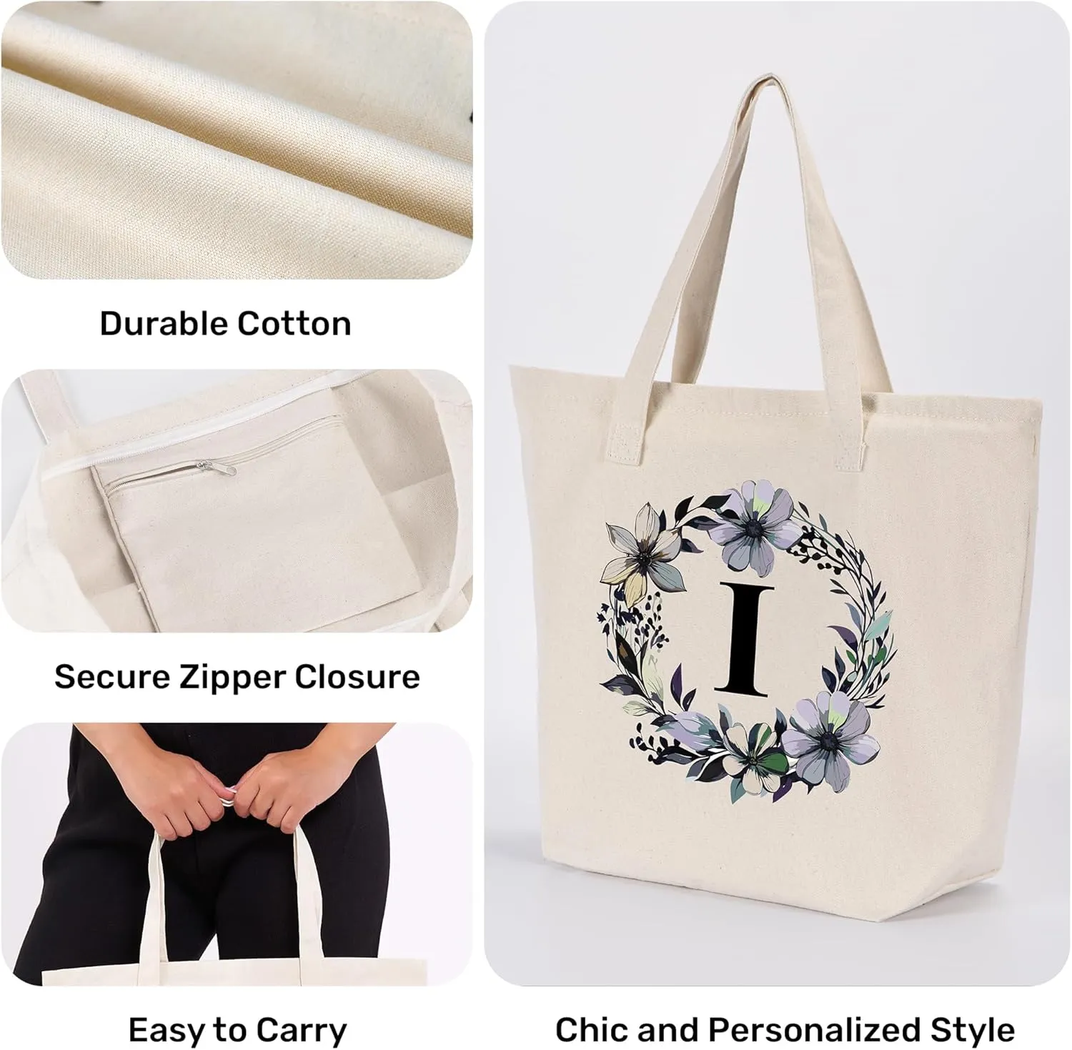 HIFA Initial Tote Bag for Women, Personalized Canvas Tote Bag -Durable Cotton, Zipper, Inner Pocket-Multipurpose Shoulder Bag