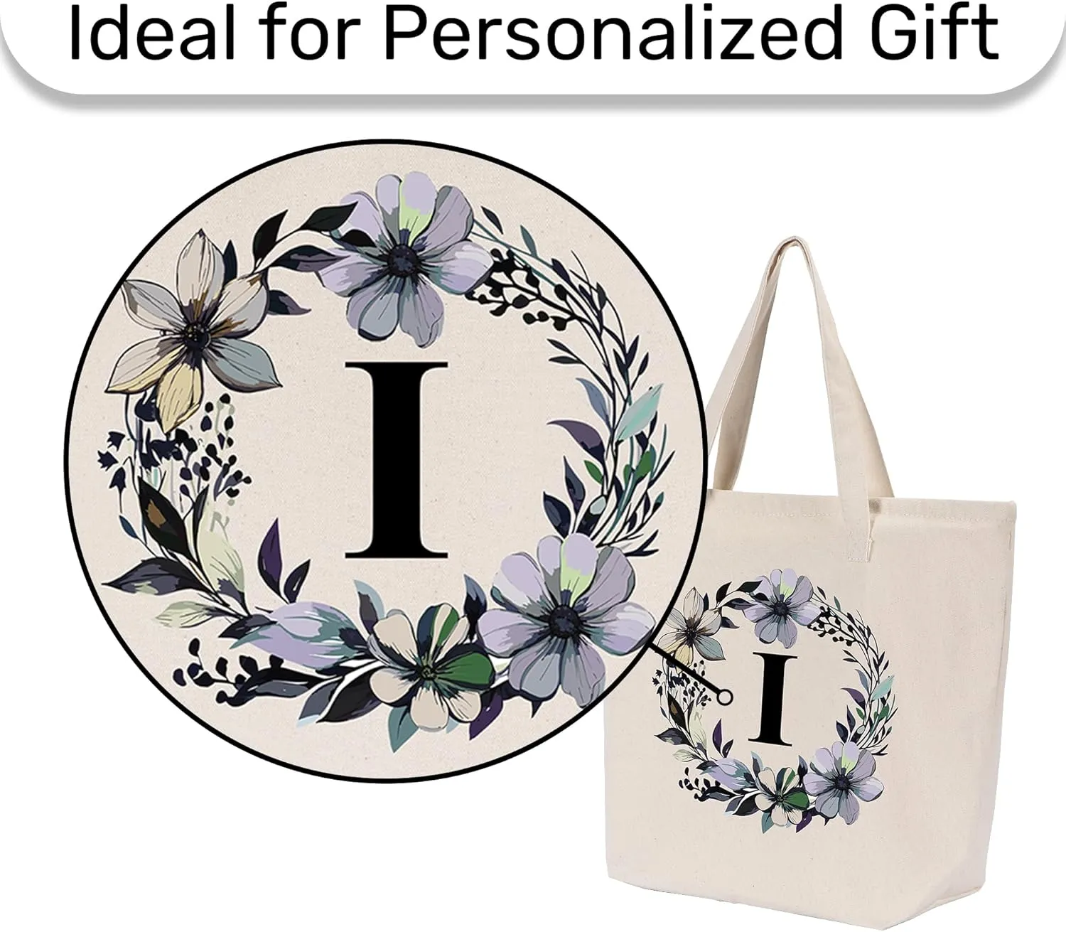HIFA Initial Tote Bag for Women, Personalized Canvas Tote Bag -Durable Cotton, Zipper, Inner Pocket-Multipurpose Shoulder Bag