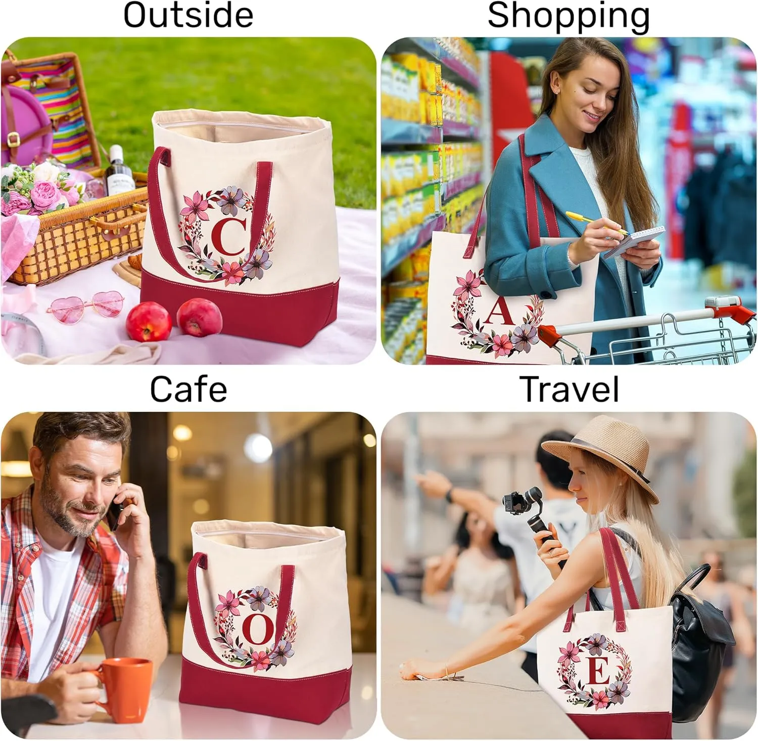 HIFA Initial Tote Bag for Women, Personalized Canvas Tote Bag -Two Tone, Zipper, Inner Pocket - Multipurpose Shoulder Bag