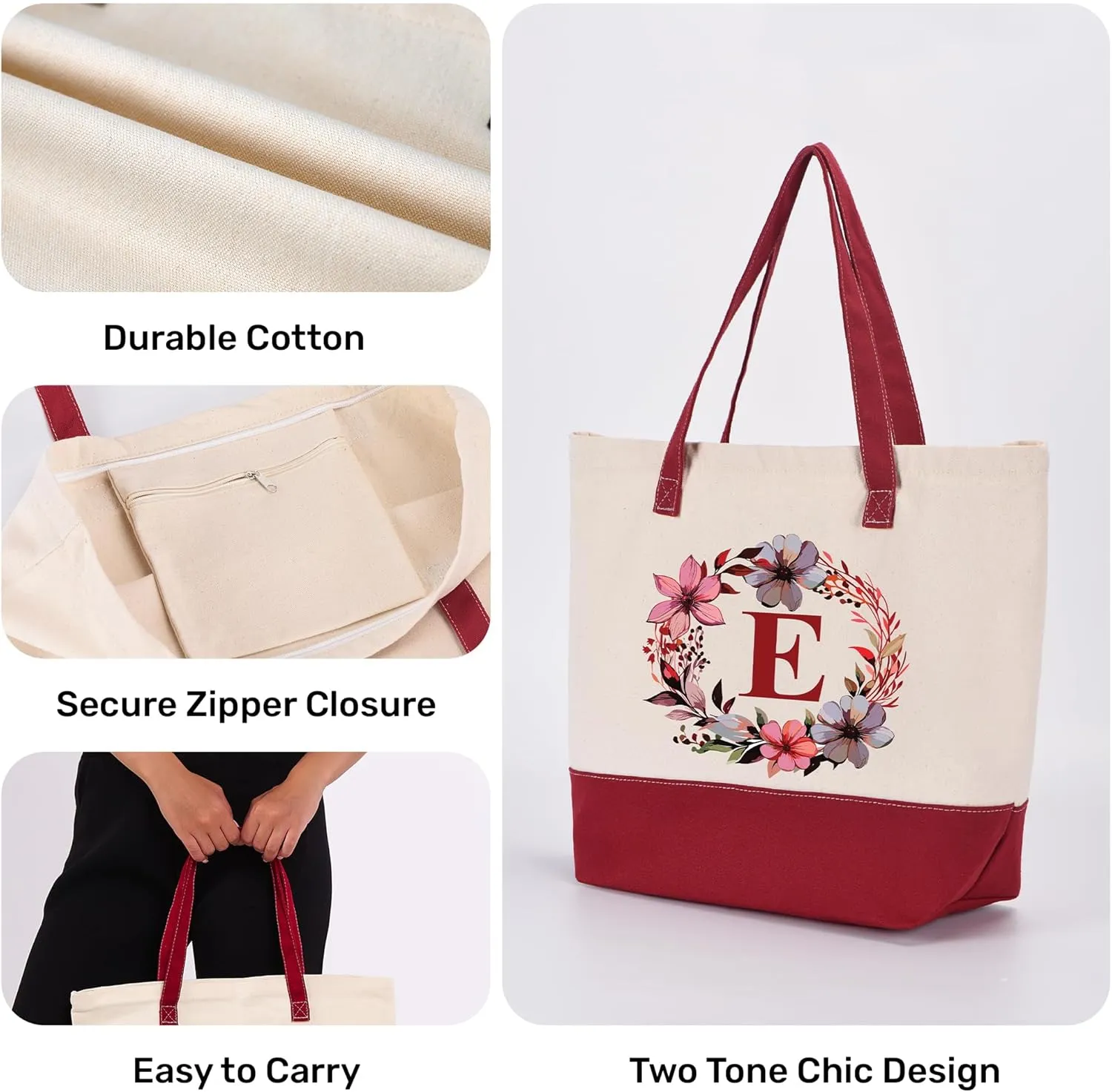 HIFA Initial Tote Bag for Women, Personalized Canvas Tote Bag -Two Tone, Zipper, Inner Pocket - Multipurpose Shoulder Bag
