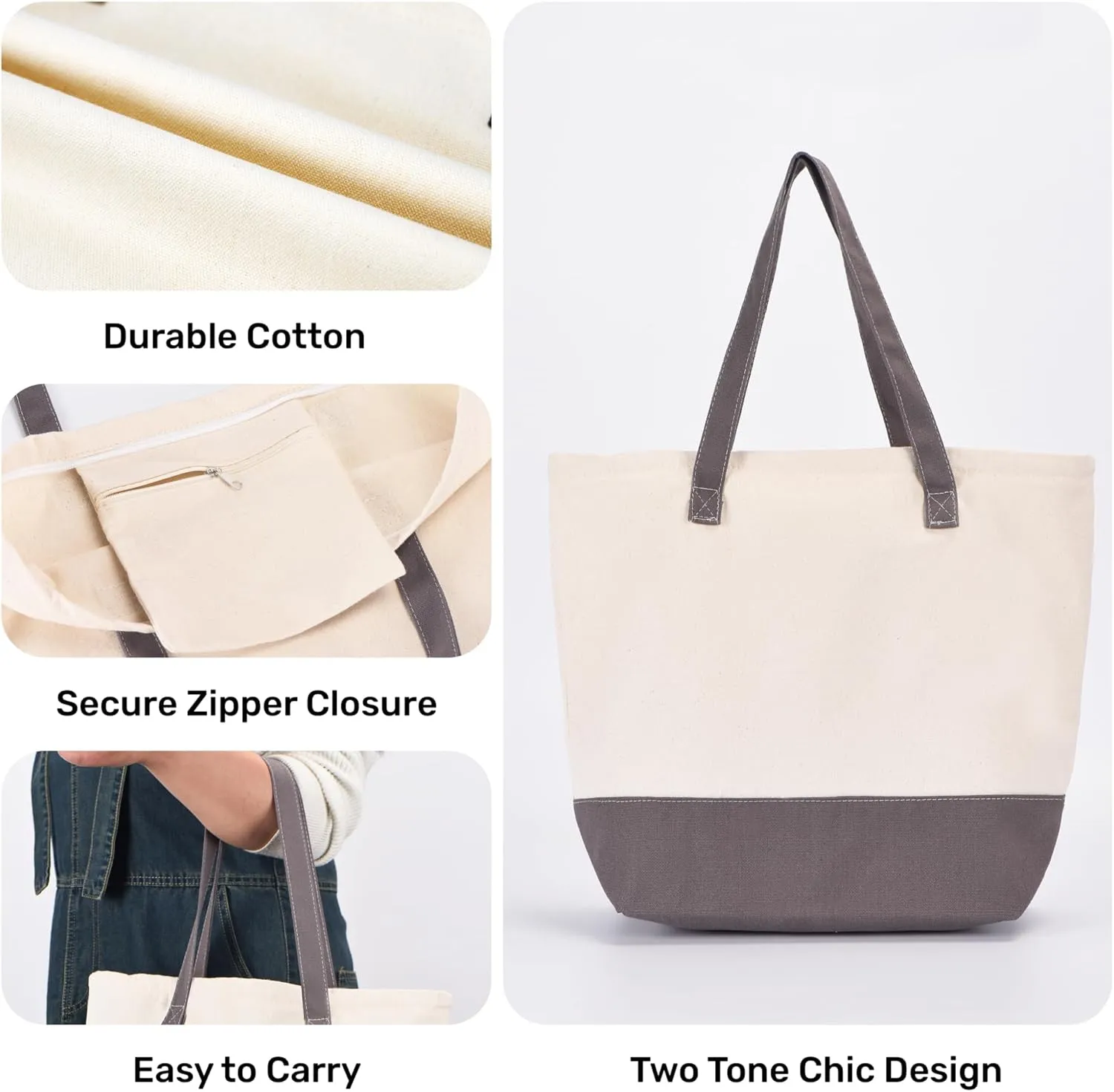 HIFA Personalized Custom Tote Bag for Women, Canvas Tote Bag - Zipper Closure, Extra Inner Pocket - Multipurpose Shoulder Bag