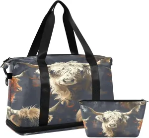 Highland Cattle Duffel Bag Lightweight Carry On Gym Bags for Travel and Weekends, Versatile Overnight Bag with Shoe Compartment