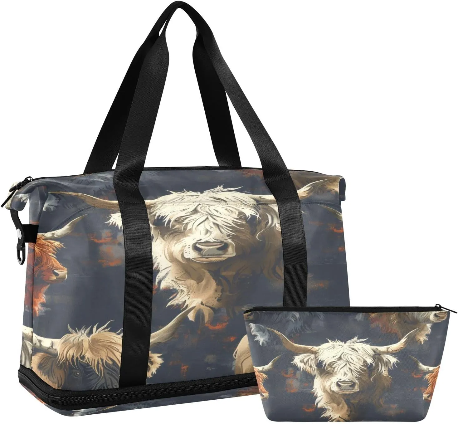 Highland Cattle Duffel Bag Lightweight Carry On Gym Bags for Travel and Weekends, Versatile Overnight Bag with Shoe Compartment