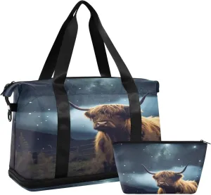 Highland Cattle Pattern Duffel Bag Lightweight Carry On Gym Bags for Travel and Weekends, Versatile Overnight Bag with Shoe Compartment