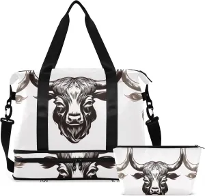 Highland Cow Highscottish Cattle Gym Bag for Women & Men,Duffel Bag with Shoe Pocket,Weekender Overnight Bag with Trolley Sleeve for Travel 21218095
