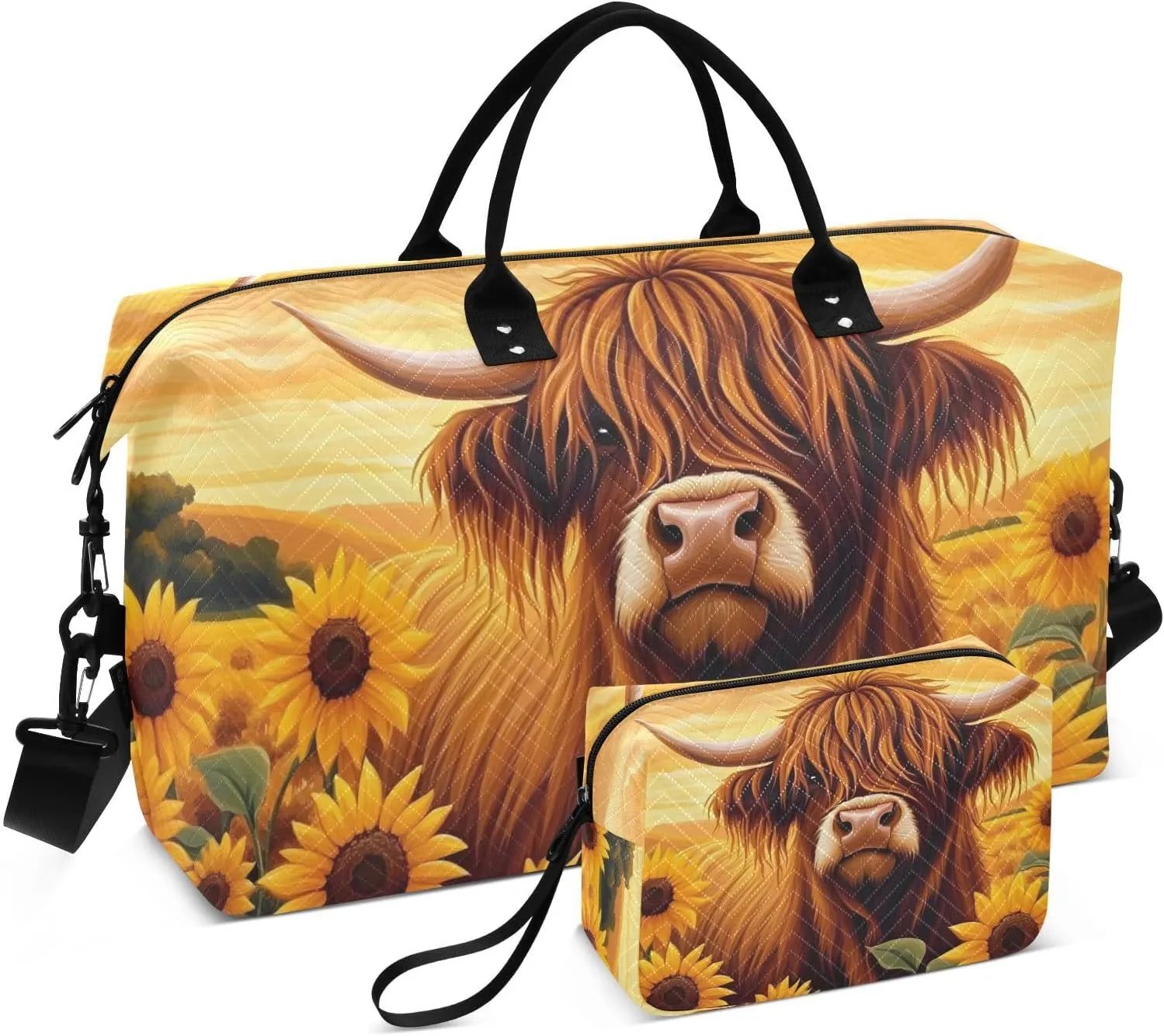 Highland Cow Sunflowers Field Duffle Bag for Travel, Gym Bag with Multiple Interior Pockets for Men Women Overnight Purse Included 20.5 x 1.9 x 13.8 In