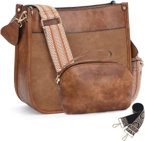 HKCLUF Crossbody Bag Purse for Women 2PCS/Set Leather Hobo Handbag Wallet Set With 2Adjustable Guitar Strap Shoulder Bag