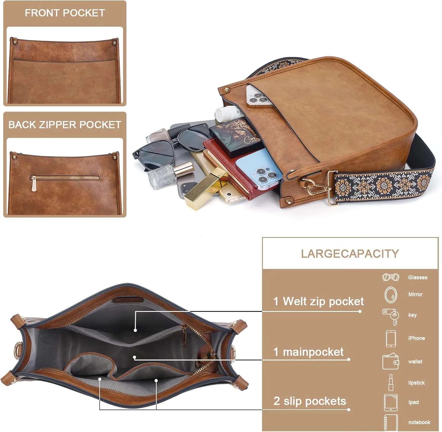 HKCLUF Crossbody Bag Purse for Women 2PCS/Set Leather Hobo Handbag Wallet Set With 2Adjustable Guitar Strap Shoulder Bag