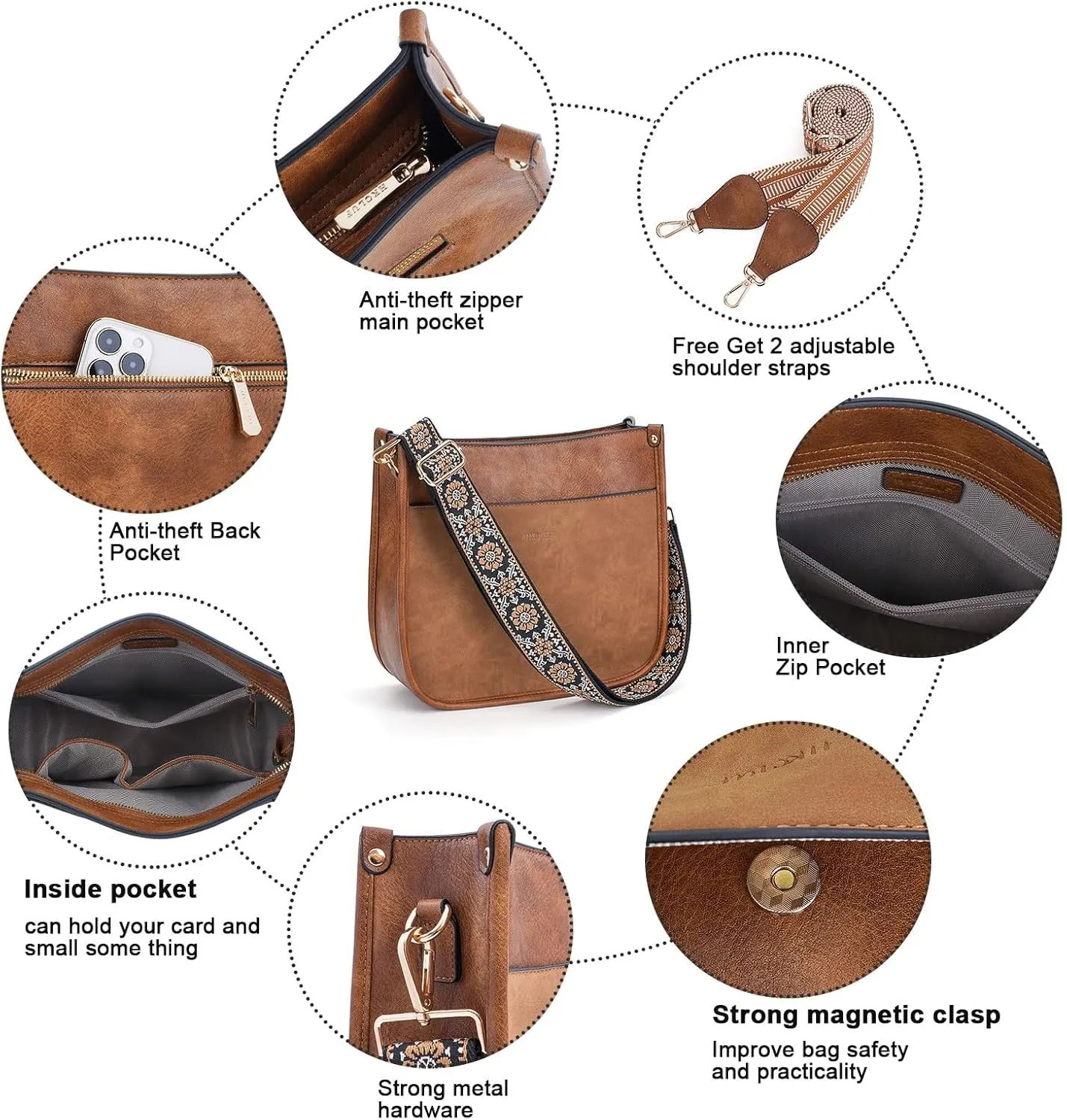 HKCLUF Crossbody Bag Purse for Women 2PCS/Set Leather Hobo Handbag Wallet Set With 2Adjustable Guitar Strap Shoulder Bag