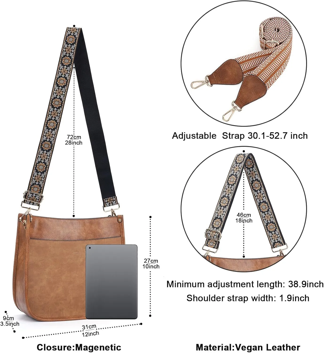 HKCLUF Crossbody Bag Purse for Women 2PCS/Set Leather Hobo Handbag Wallet Set With 2Adjustable Guitar Strap Shoulder Bag