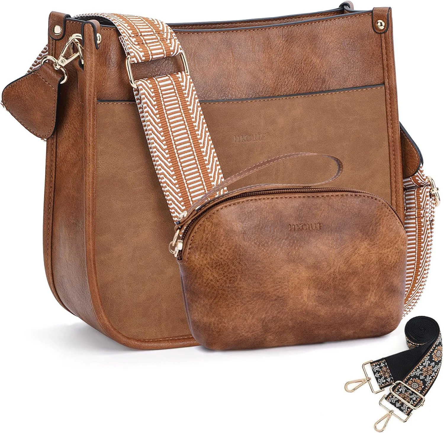 HKCLUF Crossbody Bag Purse for Women 2PCS/Set Leather Hobo Handbag Wallet Set With 2Adjustable Guitar Strap Shoulder Bag