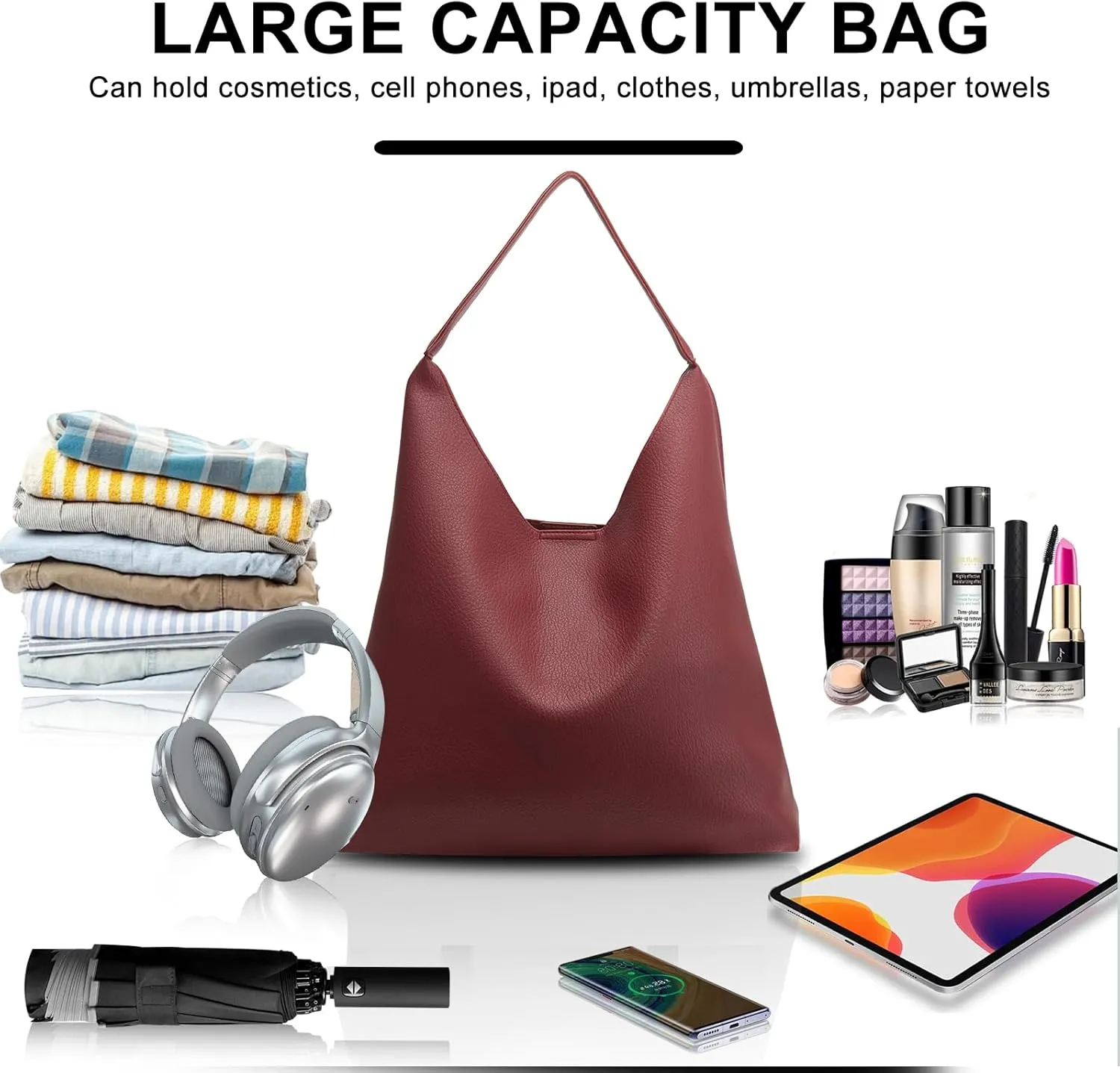 Hobo Bags for Women Soft PU Leather Shoulder Handbag high-capacity Slouchy Tote Purses