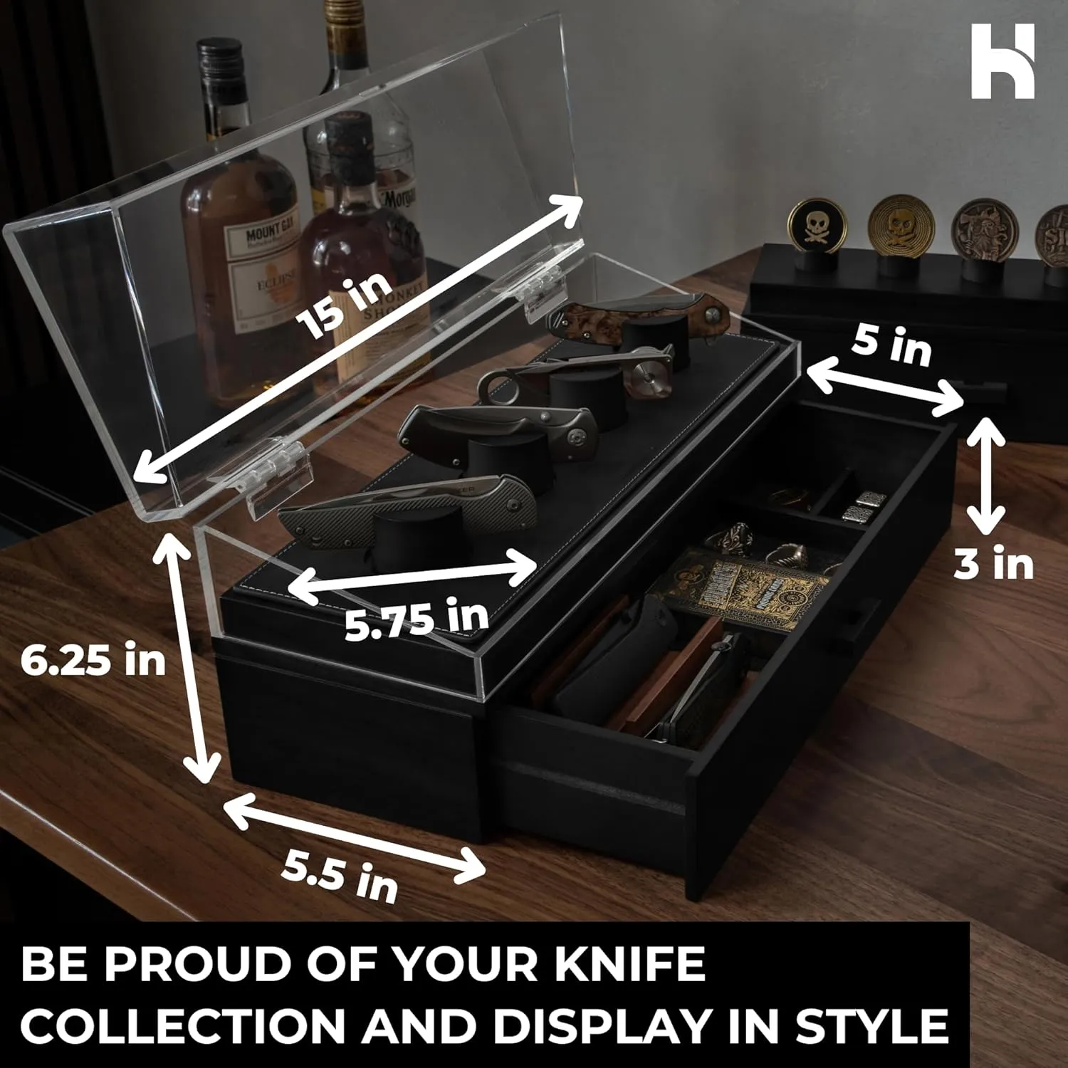 Holme & Hadfield Premium Knife Display Case for up to 10 Knives – Handcrafted Wooden Pocket Knife Organizer for Collections for EDC Collectors – Luxury Built to Last