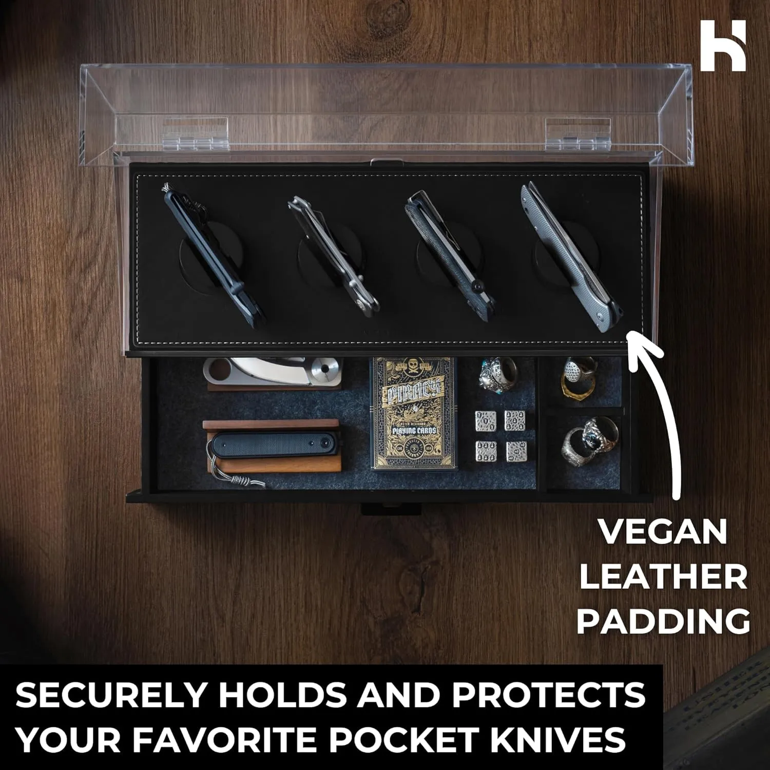 Holme & Hadfield Premium Knife Display Case for up to 10 Knives – Handcrafted Wooden Pocket Knife Organizer for Collections for EDC Collectors – Luxury Built to Last