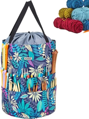 HOMEST Large Crochet Bag with Customized Front Compartment for Knitting Accessories, Yarn Storage with 6 Oversized Grommets, Tote Organizer with Drawstring Closure, Floral