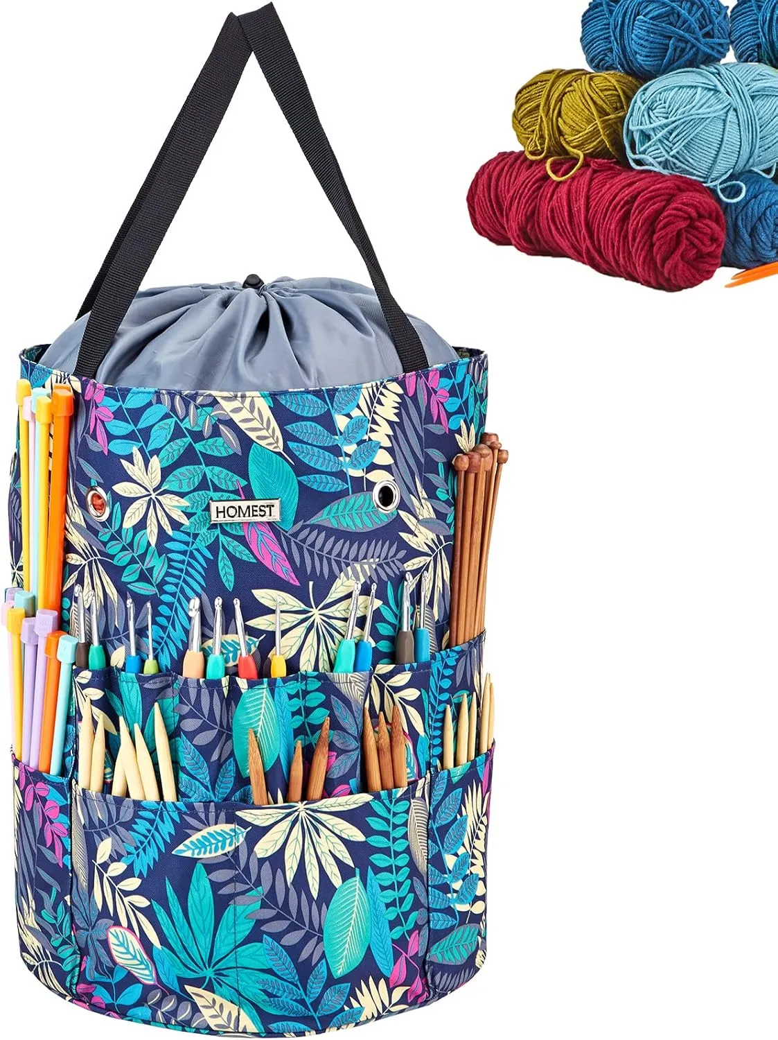 HOMEST Large Crochet Bag with Customized Front Compartment for Knitting Accessories, Yarn Storage with 6 Oversized Grommets, Tote Organizer with Drawstring Closure, Floral