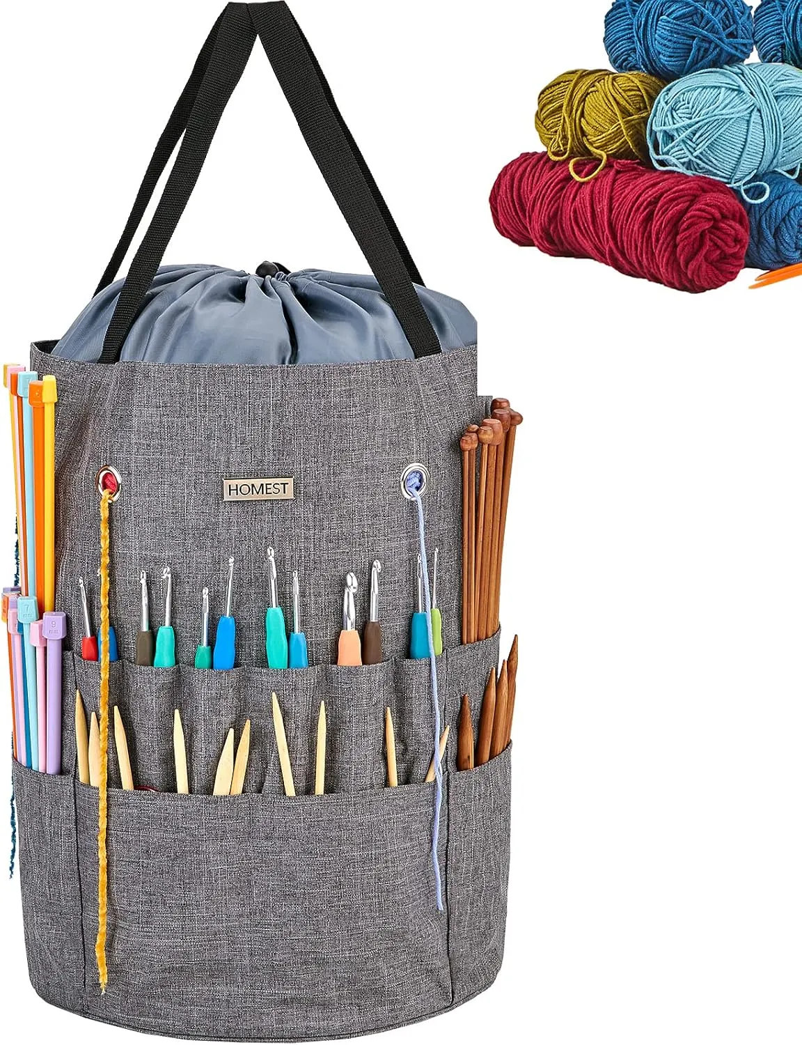 HOMEST Large Crochet Bag with Customized Front Compartment for Knitting Accessories, Yarn Storage with 6 Oversized Grommets, Tote Organizer with Drawstring Closure, Gray