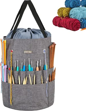 HOMEST Large Crochet Bag with Customized Front Compartment for Knitting Accessories, Yarn Storage with 6 Oversized Grommets, Tote Organizer with Drawstring Closure, Gray