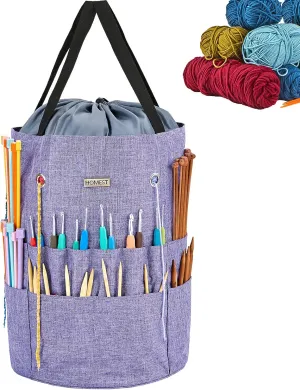 HOMEST Large Crochet Bag with Customized Front Compartment for Knitting Accessories, Yarn Storage with 6 Oversized Grommets, Tote Organizer with Drawstring Closure, Purple