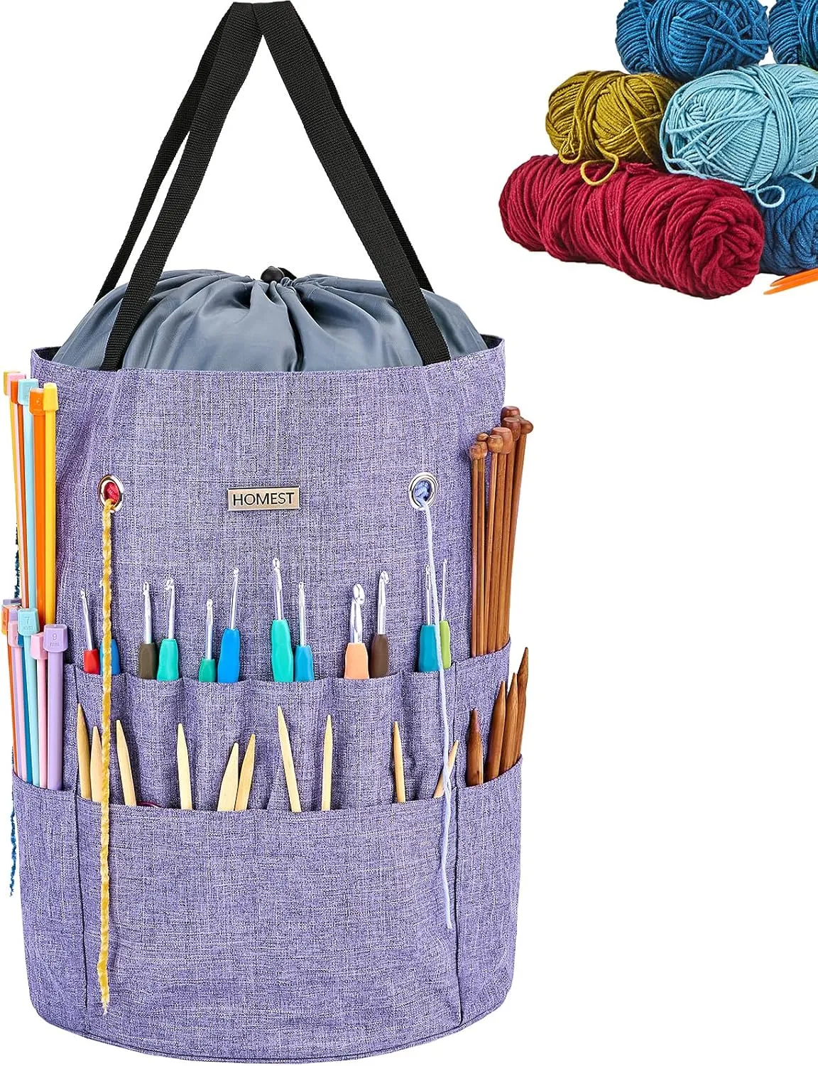 HOMEST Large Crochet Bag with Customized Front Compartment for Knitting Accessories, Yarn Storage with 6 Oversized Grommets, Tote Organizer with Drawstring Closure, Purple
