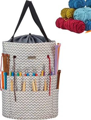 HOMEST Large Crochet Bag with Customized Front Compartment for Knitting Accessories, Yarn Storage with 6 Oversized Grommets, Tote Organizer with Drawstring Closure, Ripple