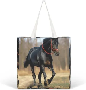 Horse on Lawn Canvas Tote Bag Aesthetic Cute Cotton Tote Bag Fashion Tote Shoulder Bag Casual Grocery Shopping Bag for Vacation Work Travel Daily Use Gift