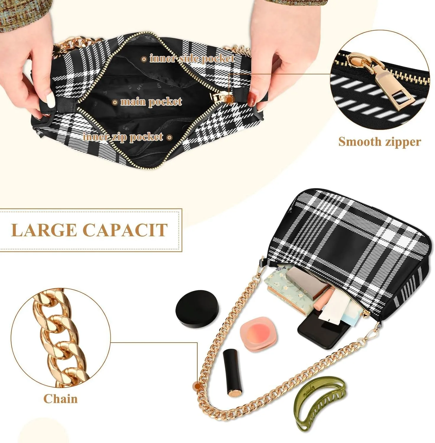 Houndstooth Shoulder Bag for Women Fabric Crescent Handbag with Zipper Chain Clutch Purses