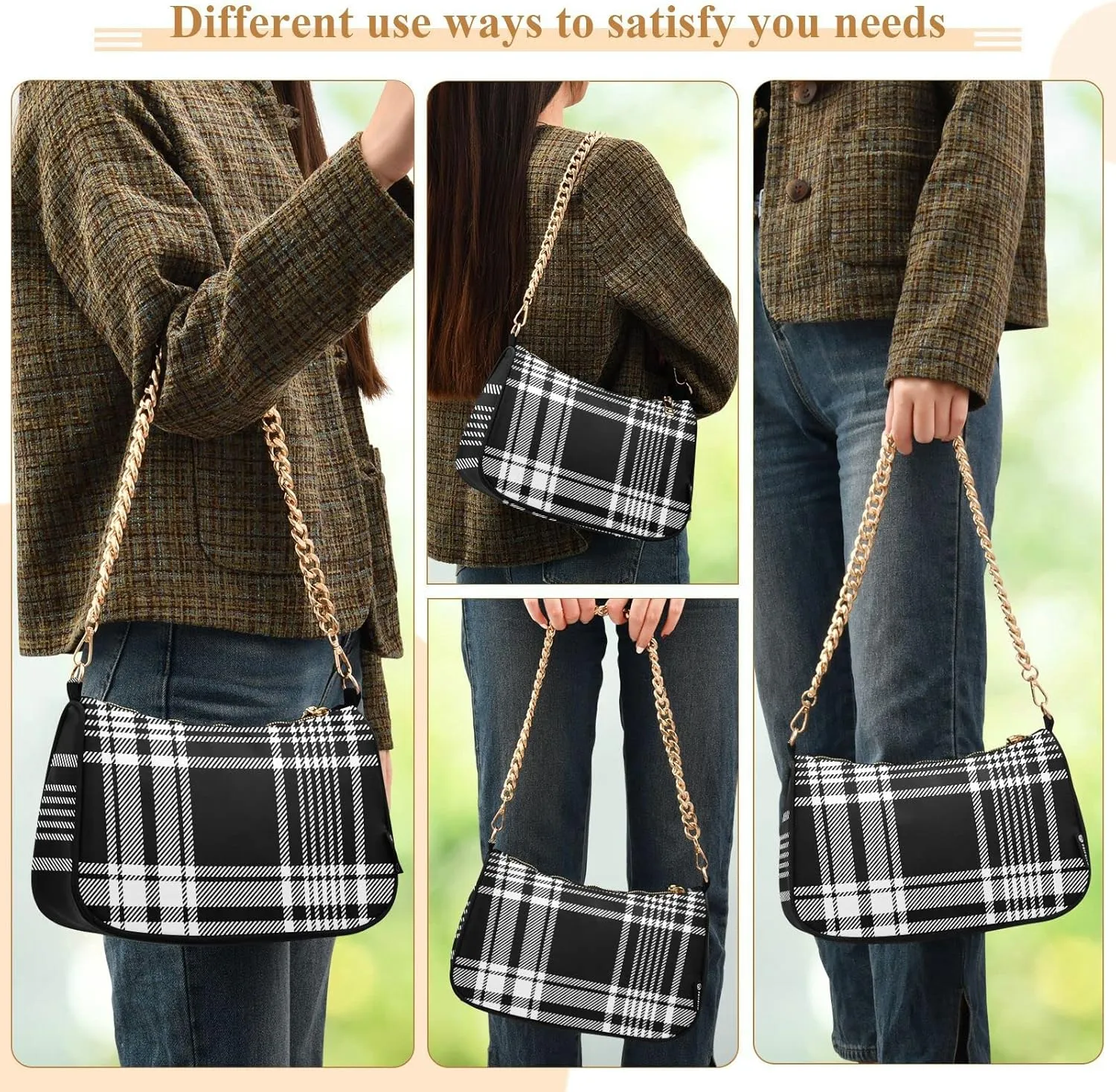 Houndstooth Shoulder Bag for Women Fabric Crescent Handbag with Zipper Chain Clutch Purses