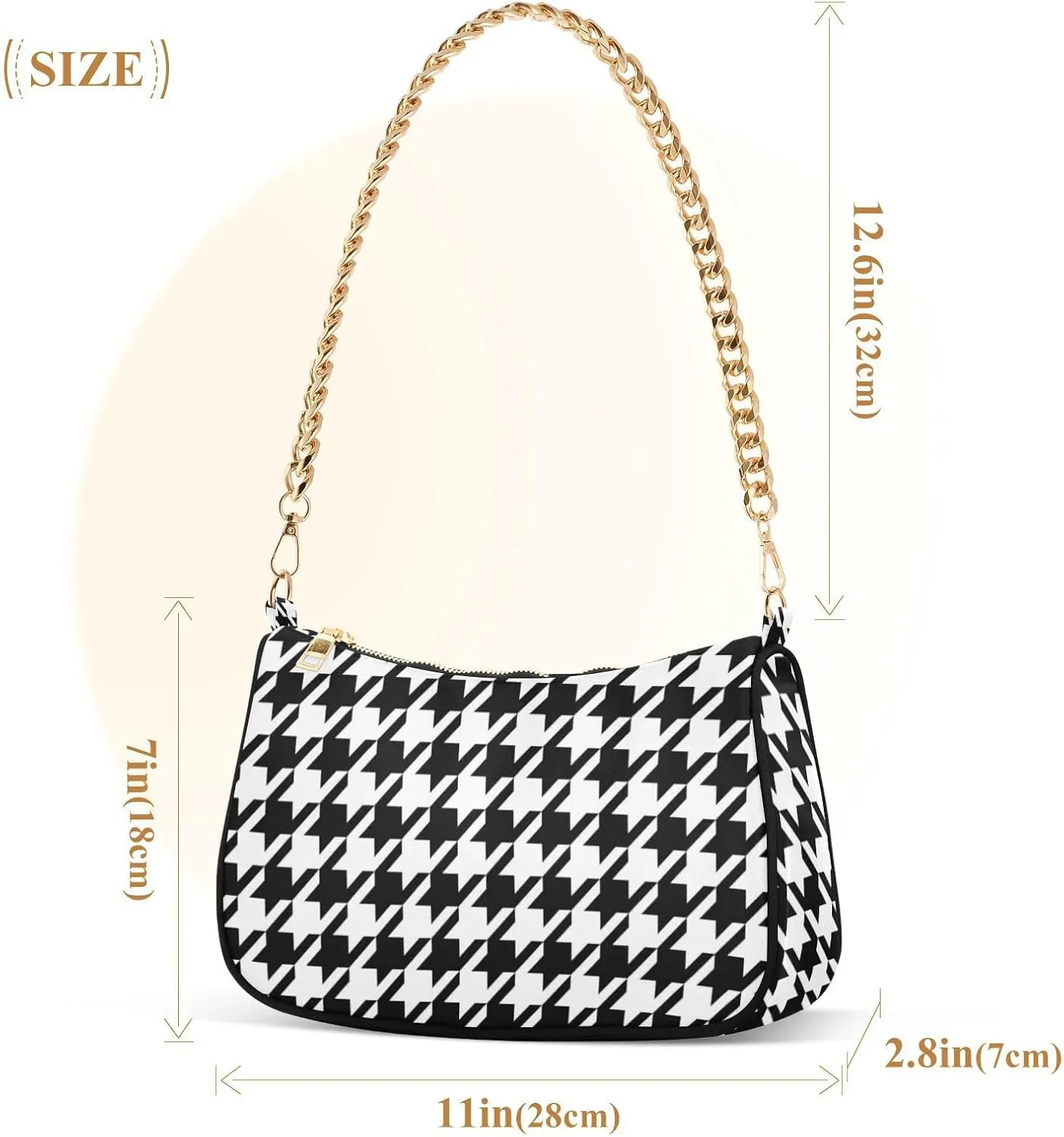 Houndstooth Shoulder Bag for Women Fabric Crescent Handbag with Zipper Chain Clutch Purses
