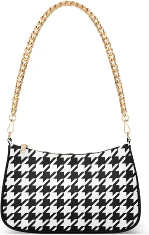 Houndstooth Shoulder Bag for Women Fabric Crescent Handbag with Zipper Chain Clutch Purses
