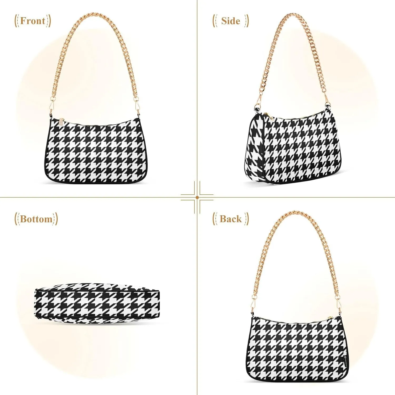 Houndstooth Shoulder Bag for Women Fabric Crescent Handbag with Zipper Chain Clutch Purses
