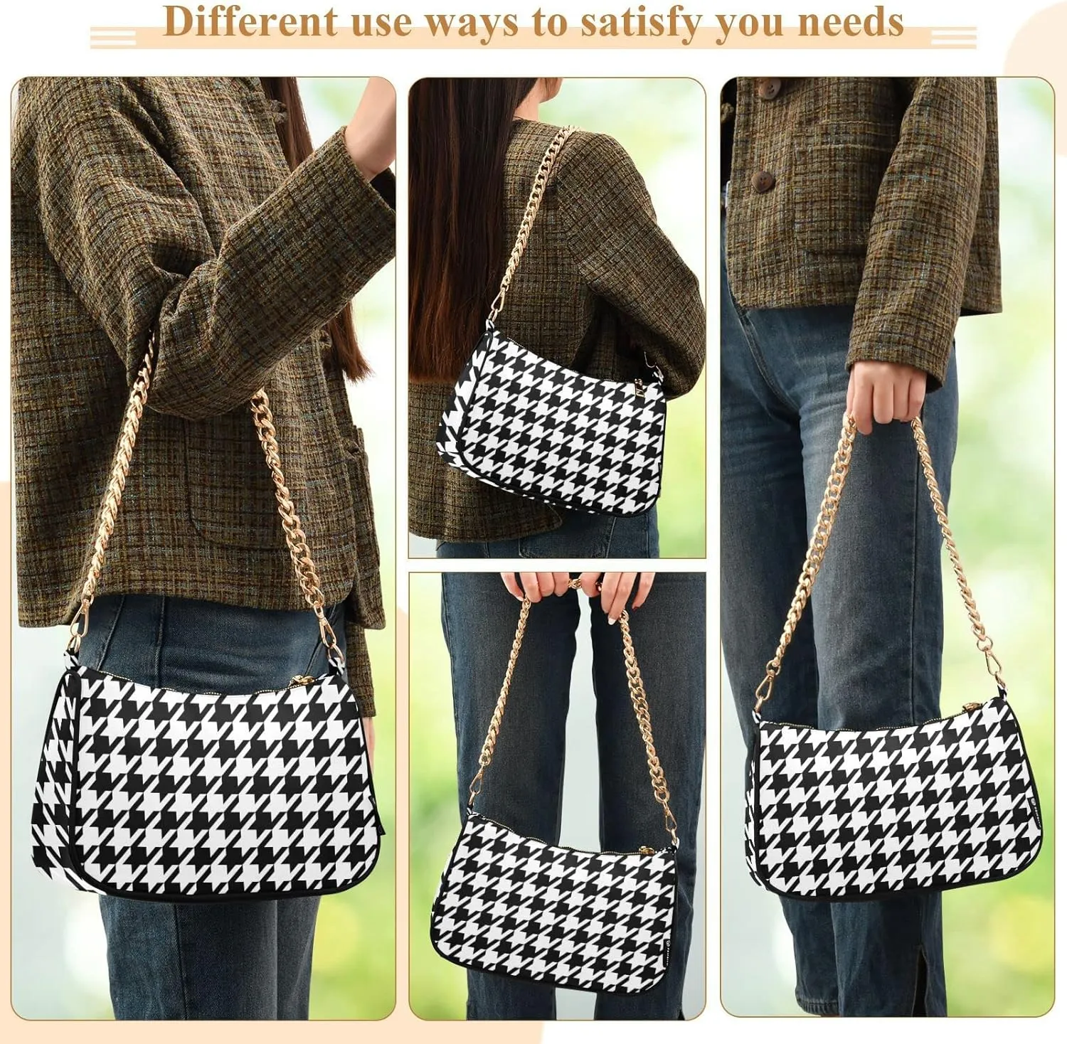 Houndstooth Shoulder Bag for Women Fabric Crescent Handbag with Zipper Chain Clutch Purses