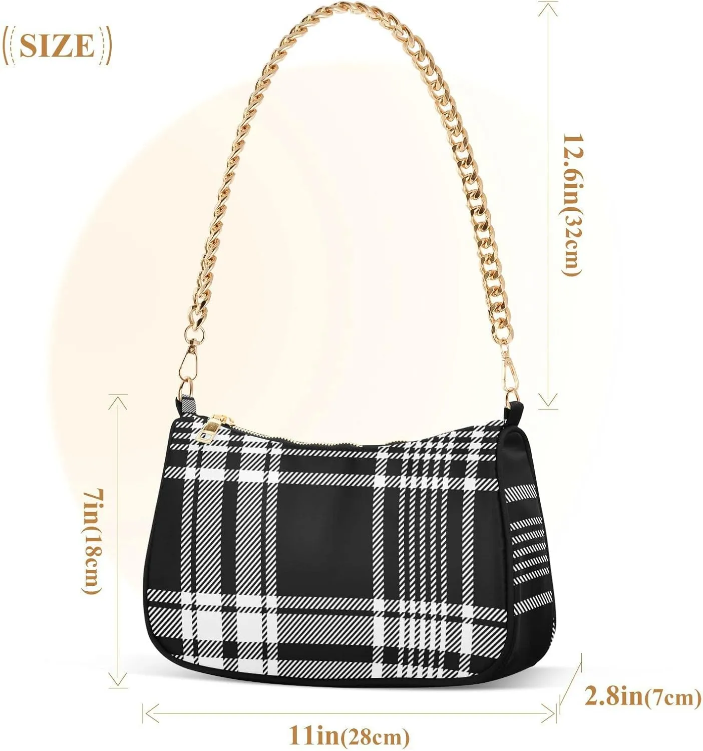 Houndstooth Shoulder Bag for Women Fabric Crescent Handbag with Zipper Chain Clutch Purses