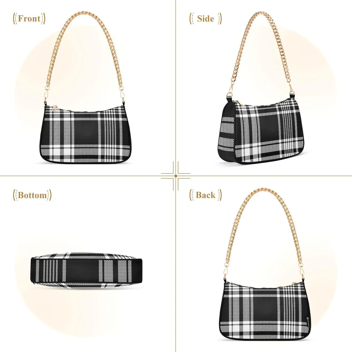 Houndstooth Shoulder Bag for Women Fabric Crescent Handbag with Zipper Chain Clutch Purses