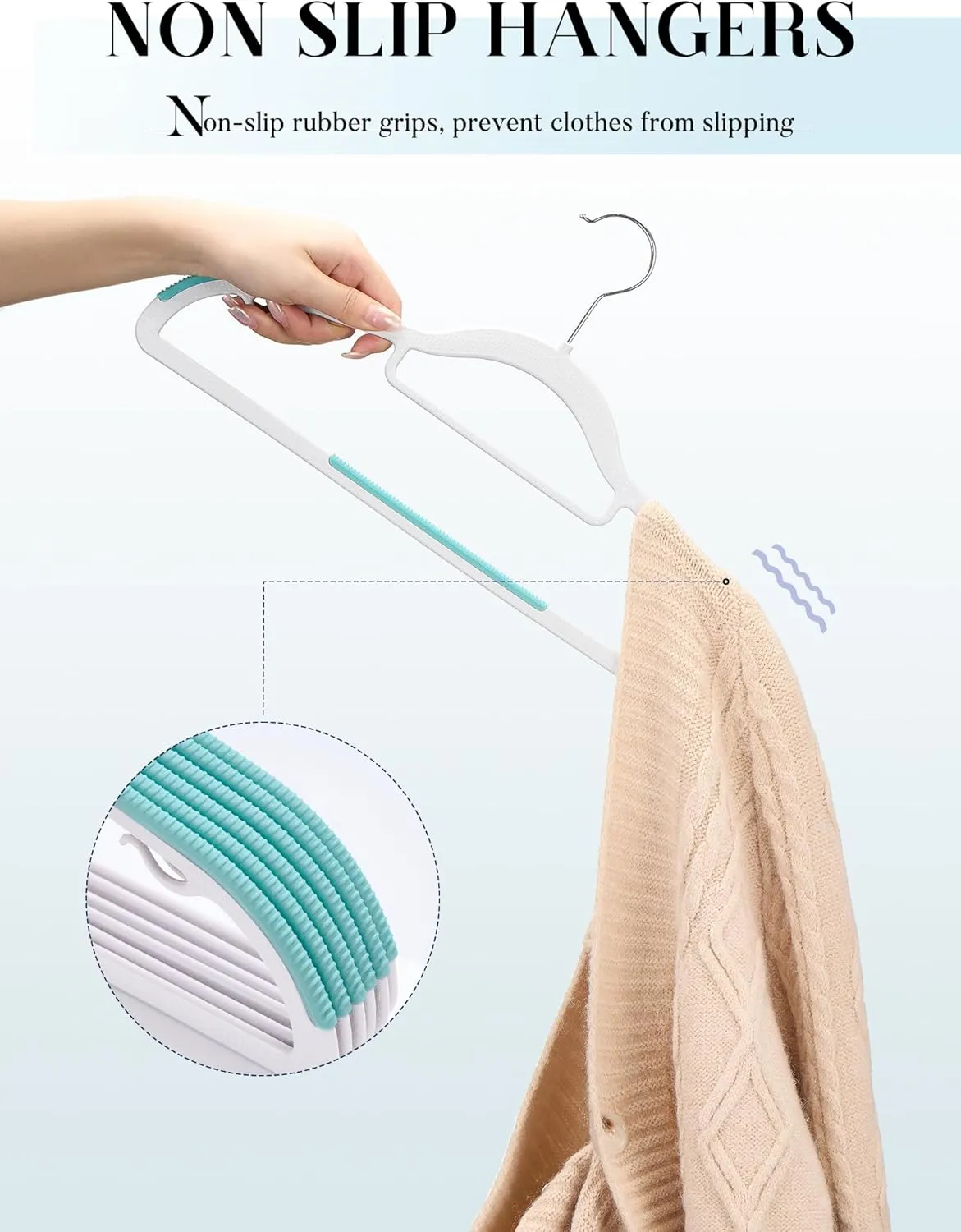 HOUSE DAY Plastic Hangers 50 Pack, Plastic Clothes Hangers Non Slip with Rubber Grip, Heavy Duty Coat Hanger with 360º Swivel Hook, Ultra Thin Hanger Space Saving Closet Organizer - Blue and White