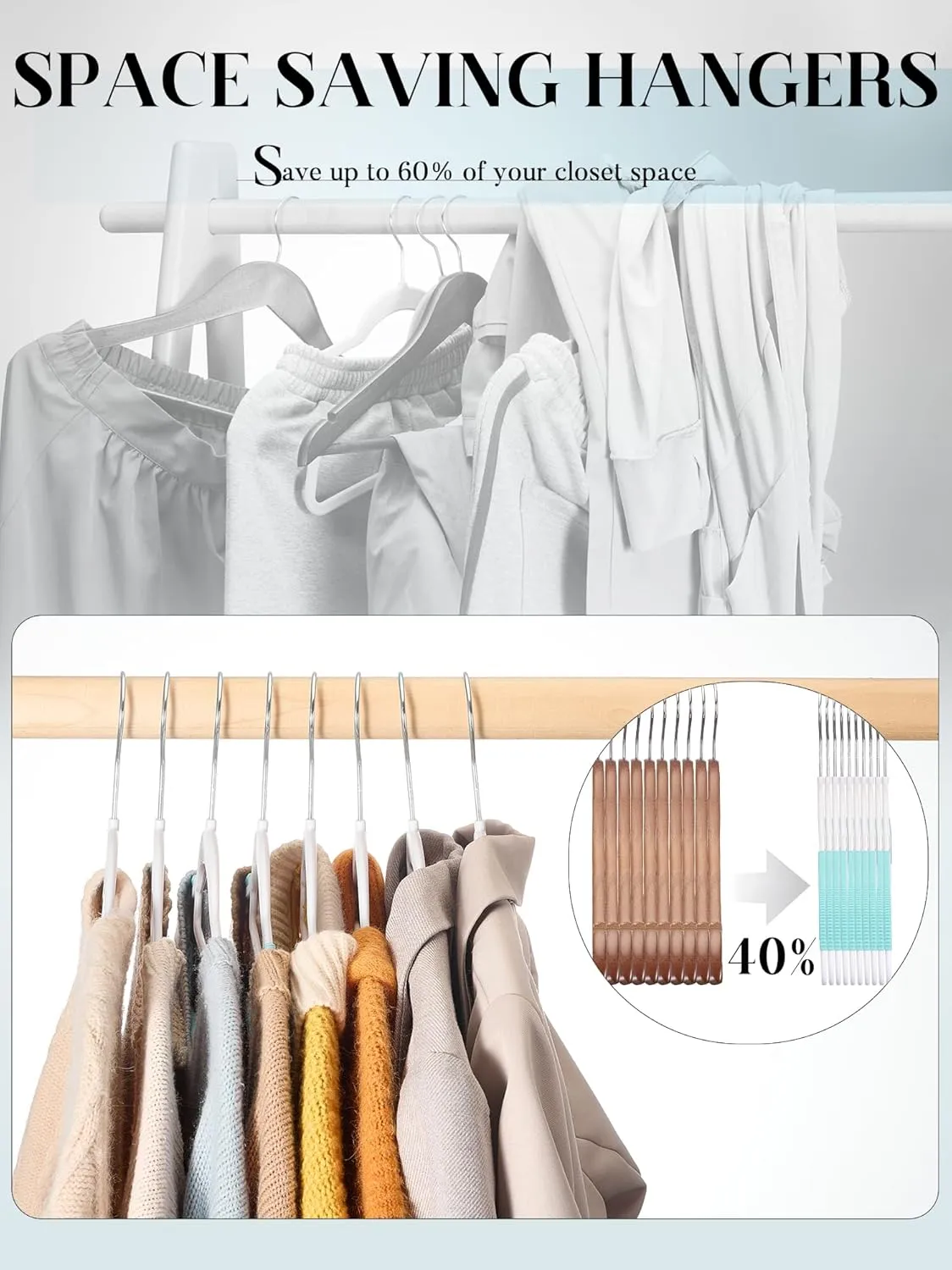 HOUSE DAY Plastic Hangers 50 Pack, Plastic Clothes Hangers Non Slip with Rubber Grip, Heavy Duty Coat Hanger with 360º Swivel Hook, Ultra Thin Hanger Space Saving Closet Organizer - Blue and White