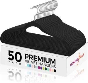 HOUSE DAY Premium Velvet Hangers 50 Pack Black, Non-Slip Flocked Felt Hangers, Sturdy Clothes Hangers with 360° Rotatable Hook, Heavy Duty Coat Hanger, Durable Slim Hanger for Closet Space Saving