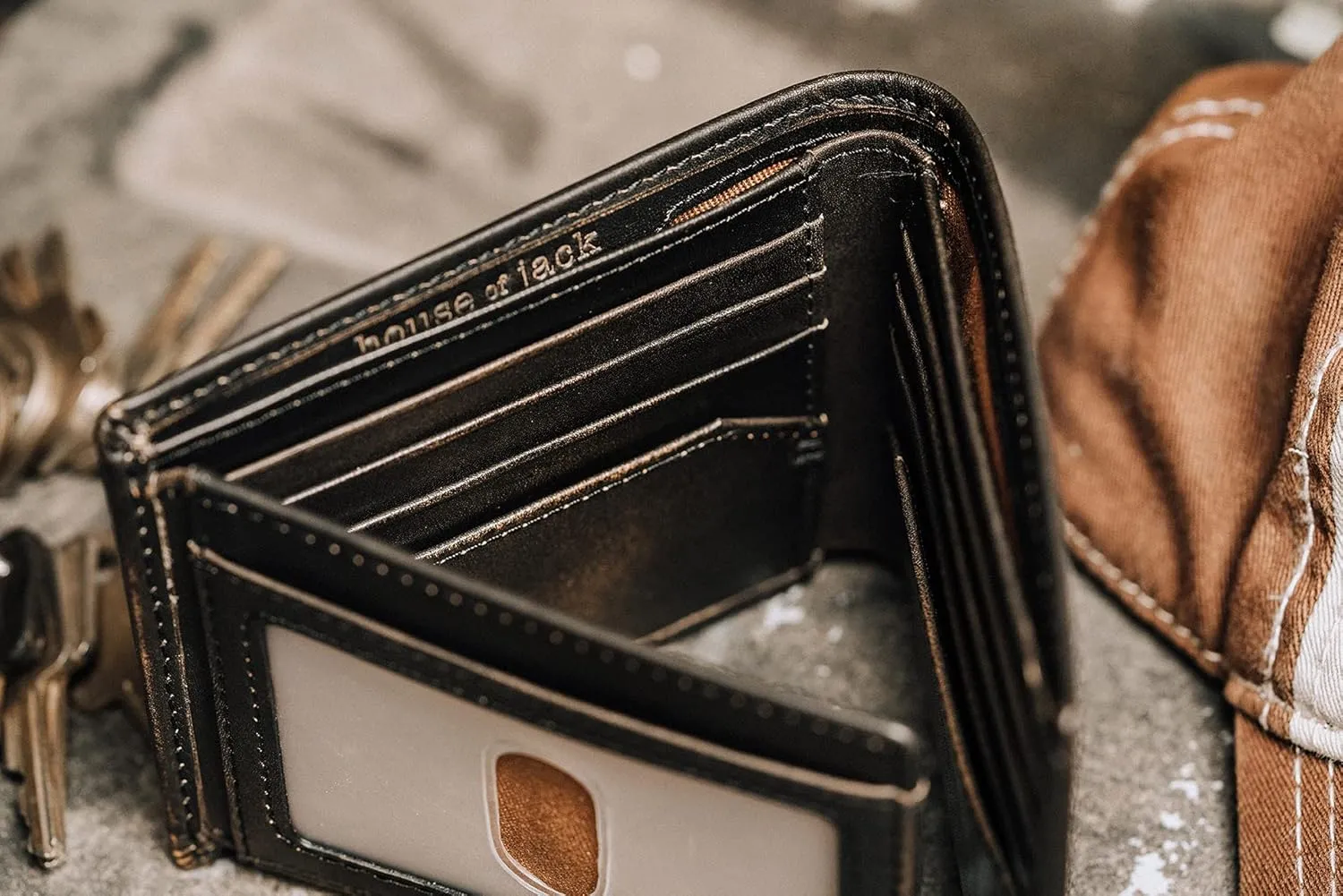House of Jack Co. Bass Fish Bifold Wallet for Men and Outdoorsmen with Two ID Windows, Full Grain Cowhide Leather Wallet, Black