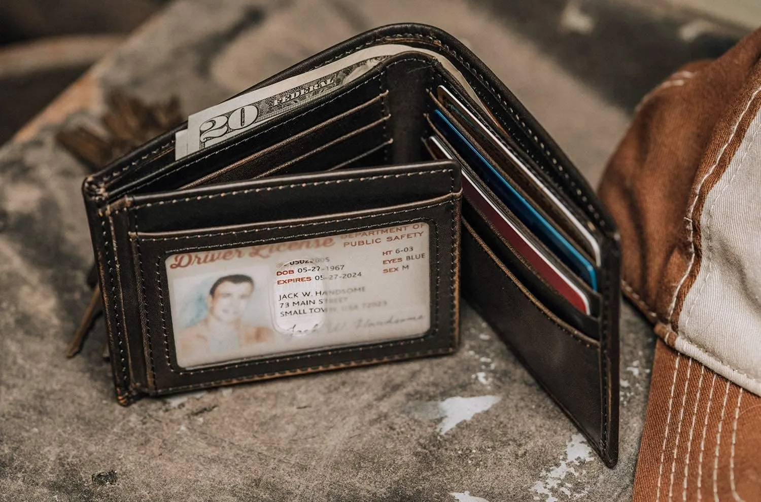 House of Jack Co. Bass Fish Bifold Wallet for Men and Outdoorsmen with Two ID Windows, Full Grain Cowhide Leather Wallet, Black