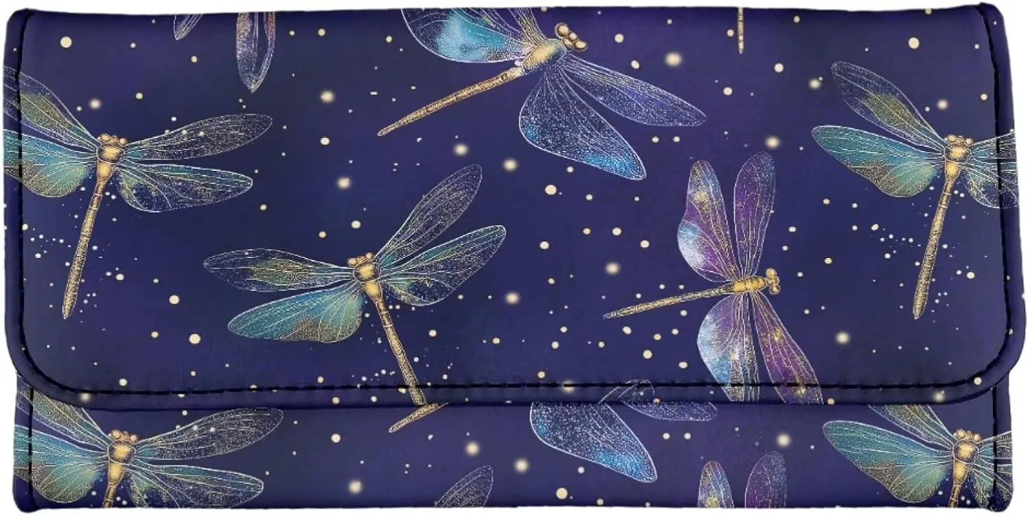 Howilath Aesthetic Dragonfly Pattern Ladies Slim Wallets PU Leather Women Wallet Purse Triple Compartment Clutch Card Holder Organizer