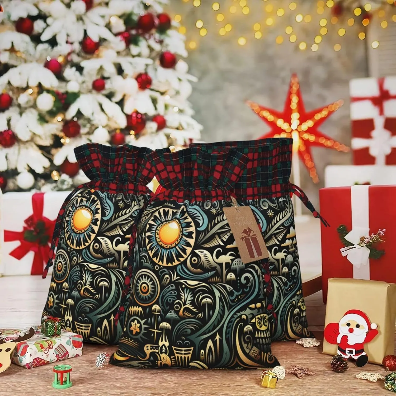 HQaxsfQxnr Christmas Gift Bag Drawstring Gift Bag for Christmasc Complex Graphics Gift Bag for Christmasc Linen Wrapping Bag Christmas Drawstring Bag for Party Wrapping