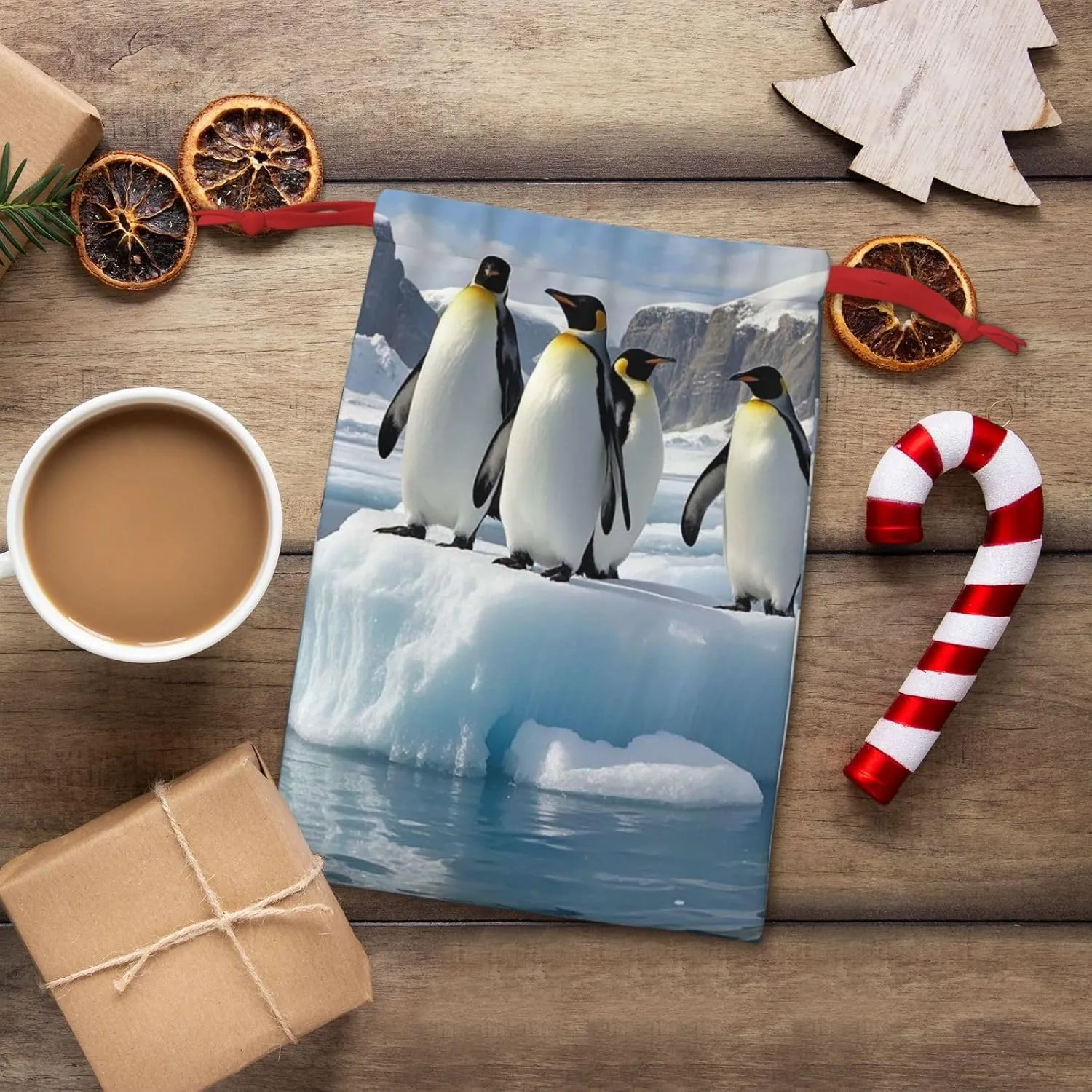 HQaxsfQxnr Christmas Gift Bags Burlap Drawstring Gift Bags Reusable Drawstring Gift Bag for Christmas Penguins On The Iceberg Gift Bags Linen Wrapping Bag Holiday Gift Bags for Treat Goodies Party