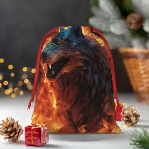 HQaxsfQxnr Christmas Gift Bags Burlap Drawstring Gift Bags Reusable Drawstring Gift Bag for Christmas Wolf Surrounded by Fire Gift Bags Linen Wrapping Bag Holiday Gift Bags for Treat Goodies Party