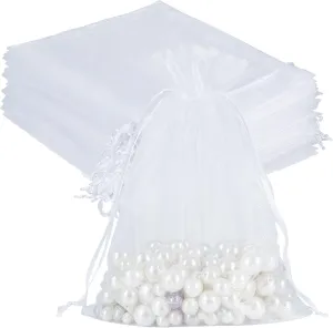 HRX Package 100pcs Sheer Organza Bags White, 6 x 9 inches Christmas Wedding Shower Party Favors Gift Drawstring Bags Large Mesh Jewelry Pouches