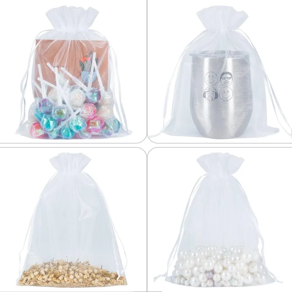 HRX Package 100pcs Sheer Organza Bags White, 6 x 9 inches Christmas Wedding Shower Party Favors Gift Drawstring Bags Large Mesh Jewelry Pouches