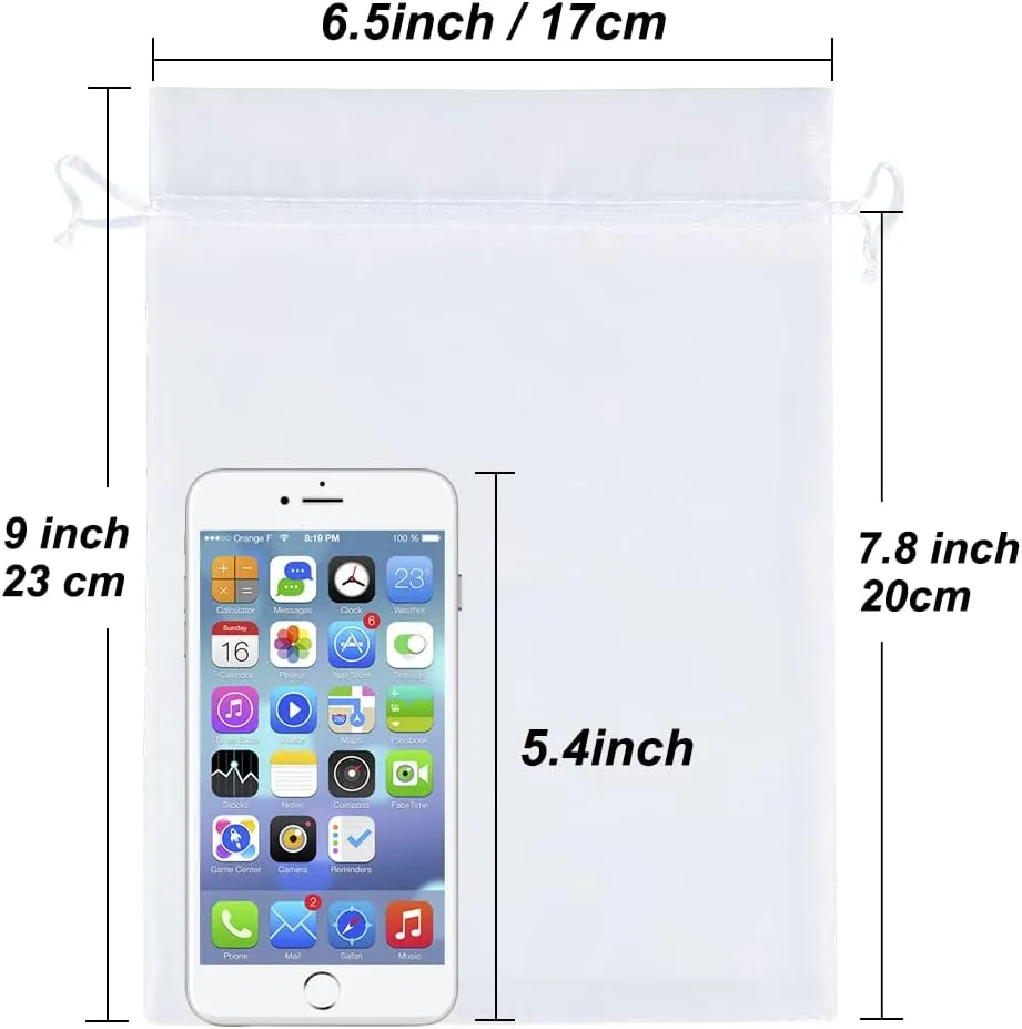 HRX Package 100pcs Sheer Organza Bags White, 6 x 9 inches Christmas Wedding Shower Party Favors Gift Drawstring Bags Large Mesh Jewelry Pouches