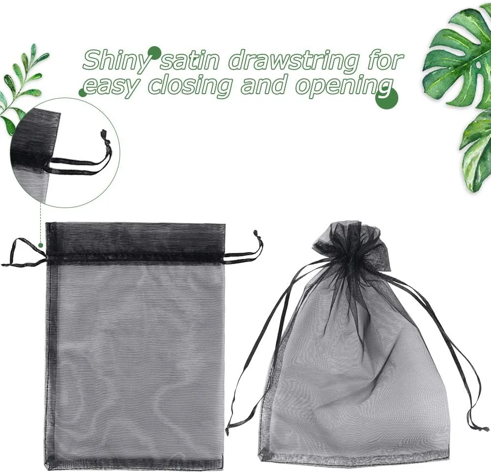 HRX Package Black Organza Bags 6x9 inch 100pcs, Mesh Candy Bags Jewelry Gift Pouches Drawstring Empty Sachet for Halloween Present Giveaways