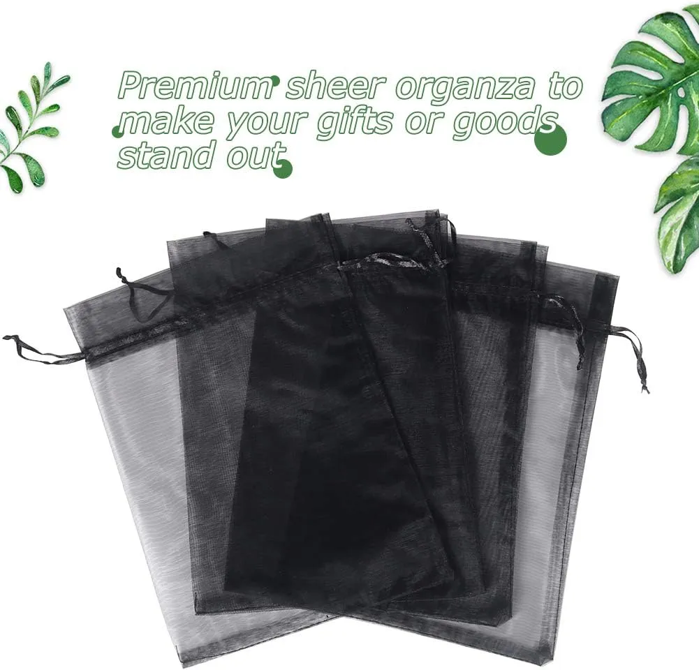 HRX Package Black Organza Bags 6x9 inch 100pcs, Mesh Candy Bags Jewelry Gift Pouches Drawstring Empty Sachet for Halloween Present Giveaways