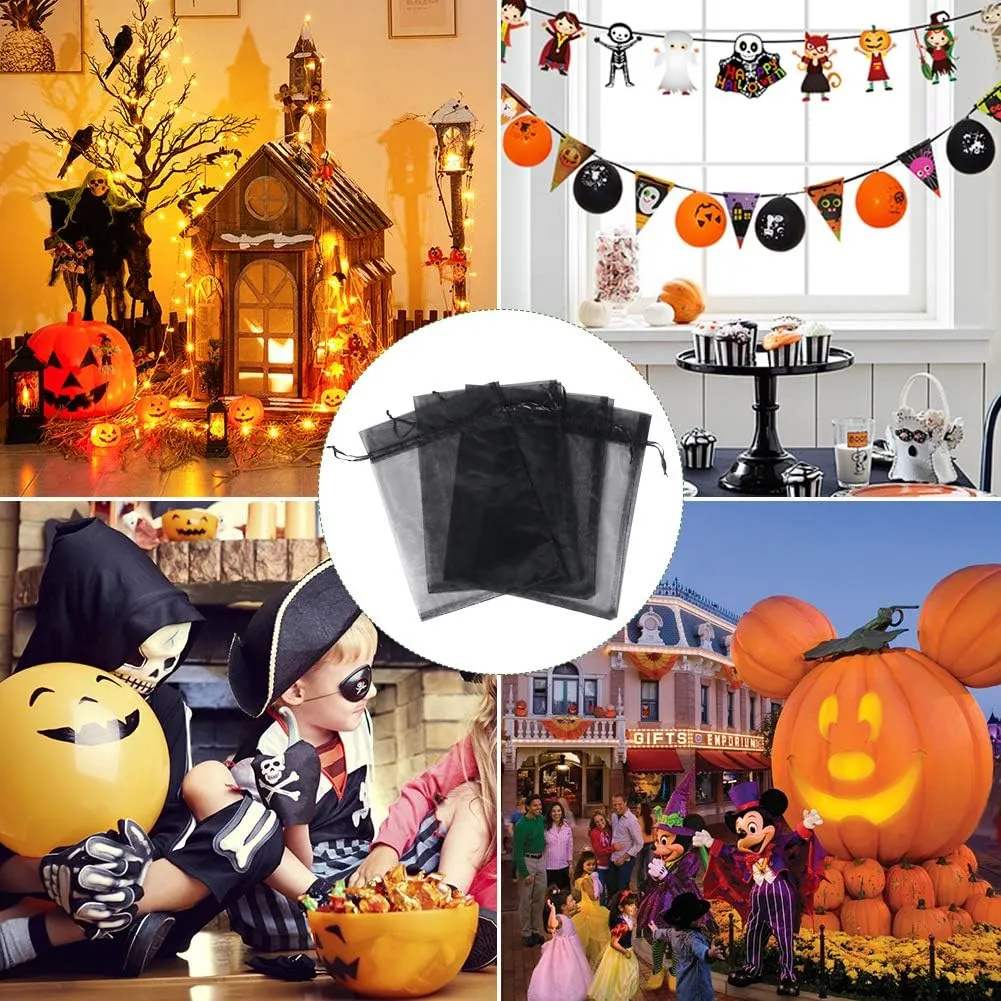 HRX Package Black Organza Bags 6x9 inch 100pcs, Mesh Candy Bags Jewelry Gift Pouches Drawstring Empty Sachet for Halloween Present Giveaways