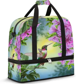 Hummingbird Spring Flower Floral Foldable Travel Duffel Bag Tote Carry on Luggage Sport Duffle for Women Men Gym Bag Overnight Weekender Bags with Shoe Compartments & Shoulder Strap